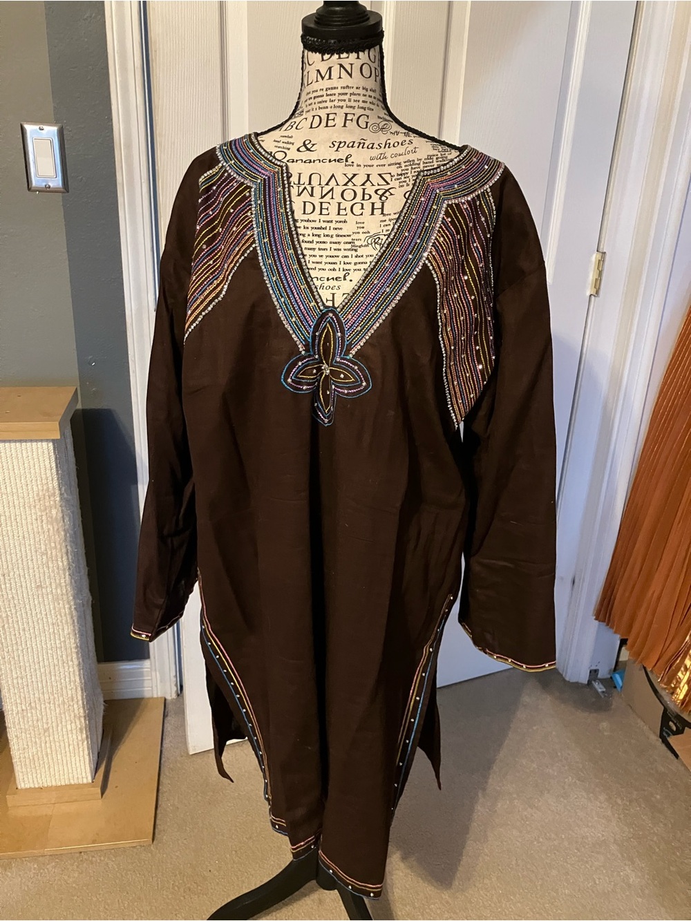 Embroidered Brown Tunic with Multicolor Bead Detail